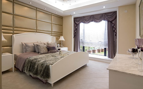 cama king-size de madeira branca, quarto, quarto, cama, cortinas, janela, almofadas, lâmpadas, chá, interior, HD papel de parede HD wallpaper