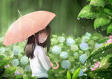 аниме момичета, чадър, дъжд, HD тапет HD wallpaper