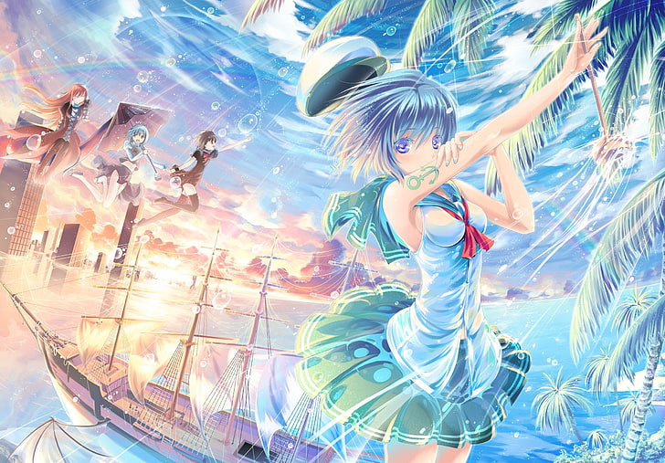 karya seni, gadis anime, kapal, banjir, pelaut, Wallpaper HD