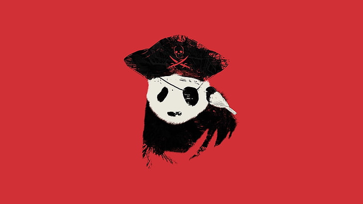 pirate panda illustration, panda, pirates, artwork, black, white, red, birds, hat, red background, minimalism, HD wallpaper