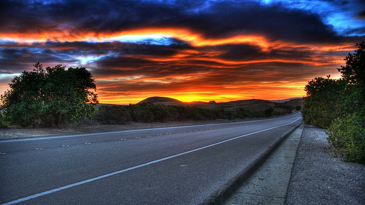 Beautiful Sunset Lanscape Hdr, arbres, autoroute, coucher de soleil, nuages, nature et paysages, Fond d'écran HD