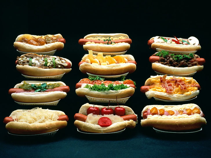 Hot Dog Brötchen, Hot Dogs, Vielfalt, lecker, Fleisch, Brötchen, HD-Hintergrundbild