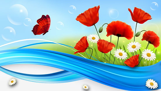 Garden So Bright, bolle, camomilla, papavero, papaveri, farfalla, margherite, strisce, fiori selvatici, primavera, estate, Sfondo HD HD wallpaper