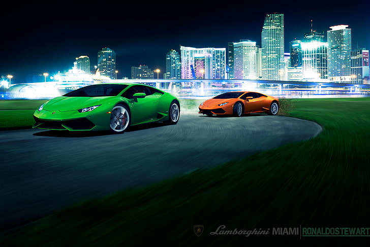 bridge, city, the city, green, speed, Lamborghini, turn, front, orange, other, LP 610-4, Huracan, LB724, HD wallpaper