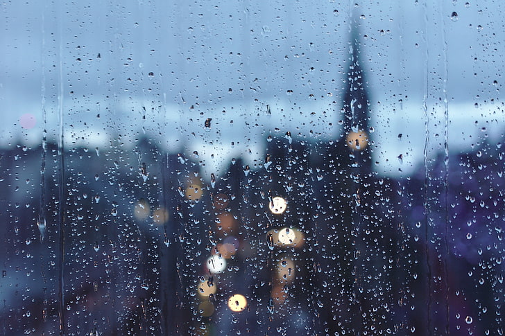 стъкло, капки, градски пейзаж, дъжд, HD тапет