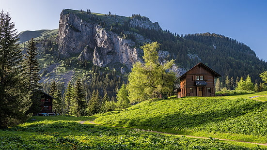 ヴァレー、スイス、アルプス、山、木、草、家、茶色の木造住宅、緑の背の高い木、ヴァレー、スイス、アルプス、山、木、草、家、 HDデスクトップの壁紙 HD wallpaper