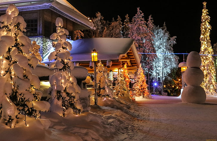 czarny słupek świetlny, śnieg, noc, drzewa, Boże Narodzenie, dom, latarnia, zima, Tapety HD