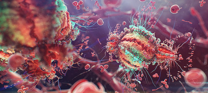 microorganismo, imágenes microscópicas multicolores, colorido, macro, VIH, células, enfermedad, Fondo de pantalla HD