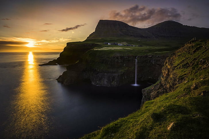 areal photography of water falls in mountain during golden hour, Sunset, Gásadalur, areal, photography, water falls, mountain, golden hour, Faroe  Islands, cliff, Nikon D700, nature, sea, landscape, coastline, scenics, rock - Object, outdoors, HD wallpaper