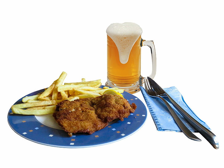 beer, Dishes, Foam, food, fork, French Fries, Mugs, Napkin, Table knife, HD wallpaper