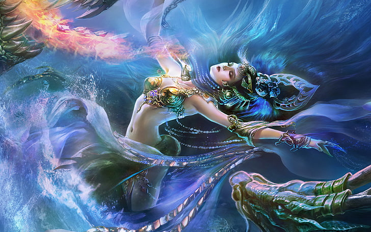 Фэнтези-девушка-вода и огонь-дракон-ювелирная корона-арт Обои HD-3840 × 2400, HD обои