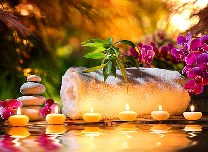 asciugamano bianco, pila di pietre e candele tealight, fiori, asciugamano, candele, orchidee, pietre Spa, Sfondo HD HD wallpaper