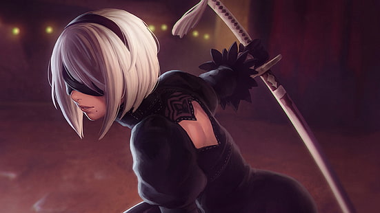 personagem de anime feminina de cabelos brancos segurando o papel de parede digital de espada, Nier: Automata, videogame, 2B (Nier: Automata), espada, NieR, HD papel de parede HD wallpaper