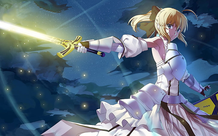 желтый волосатый женский персонаж аниме держит меч обои, сабля лилия, HD обои