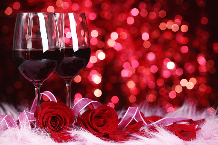 Two wine glasses, flowers, wine, red, roses, glasses, bokeh, HD wallpaper |  Wallpaperbetter