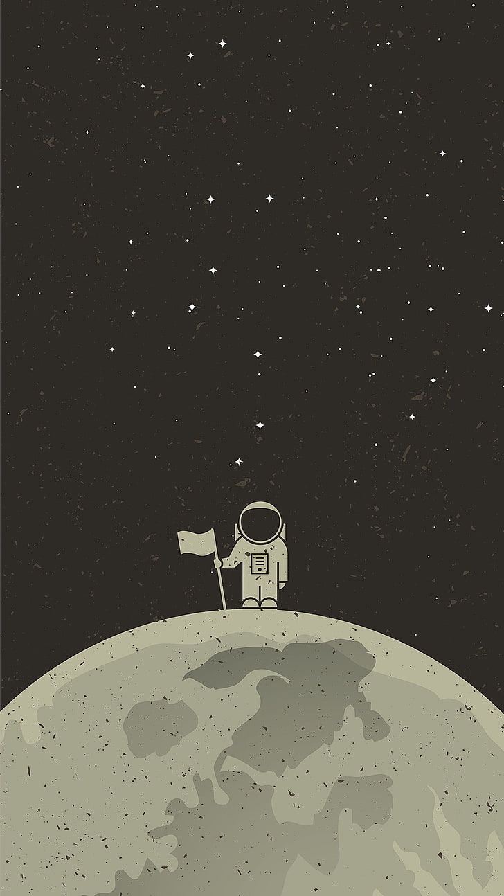 astronautillustration, person i rymddräkt stående med flagga på måneillustration, digital konst, porträttvisning, enkel bakgrund, minimalism, rymd, universum, planet, stjärnor, astronaut, rymddräkt, hjälm, flagga, svartvit, måne, HD tapet, telefon tapet