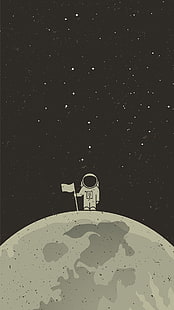 ilustração de astronauta, pessoa em traje espacial em pé segurando bandeira na lua ilustração, arte digital, exibição de retrato, fundo simples, minimalismo, espaço, universo, planeta, estrelas, astronauta, traje espacial, capacete, bandeira, monocromático, lua, HD papel de parede HD wallpaper
