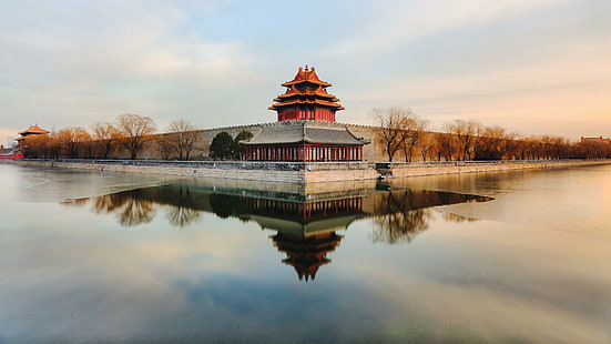 castle, palace museum, palace, moat, turret of palace museum, turret, forbidden city, beijing, china, asia, reflection, museum, HD wallpaper HD wallpaper