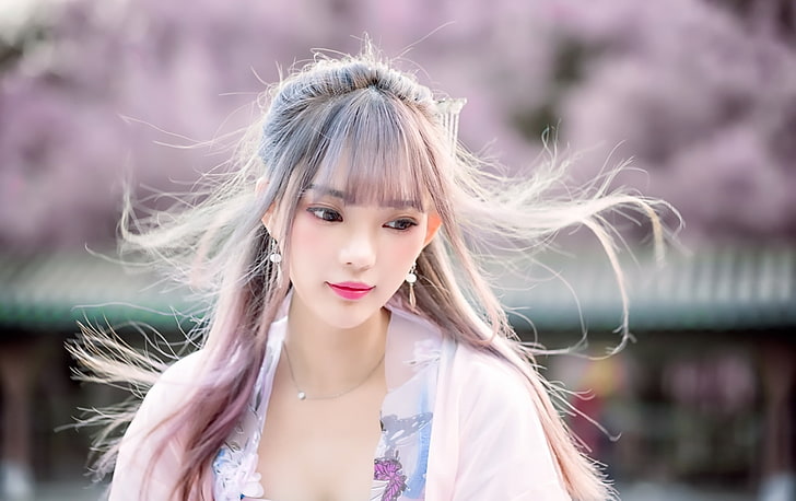 asian woman, gray hair, pink lipstick, pretty, earrings, model, Girls, HD wallpaper