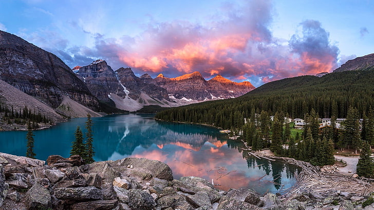 木、カナダ、風景、自然、山に囲まれた湖、 HDデスクトップの壁紙
