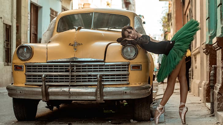 Cuba, women, car, model, vehicle, urban, women outdoors, tiptoe, ballet slippers, legs, yellow cars, bent over, dancer, tutu, brunette, old car, street, HD wallpaper