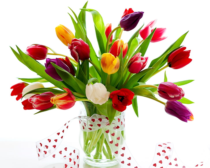 bukiet tulipanów w różnych kolorach, tulipany, kwiaty, wazon, wstążka, zieleń, Tapety HD