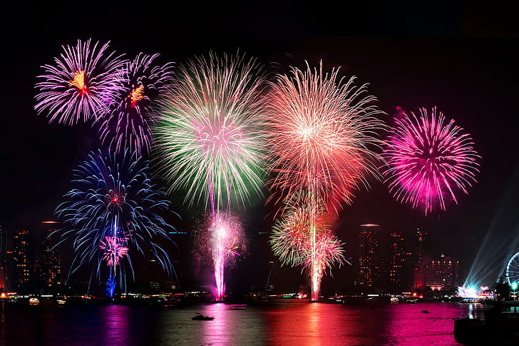 fireworks, night, lights, fireworks display, water, lights, city, reflection, colorful, fireworks, night, HD wallpaper