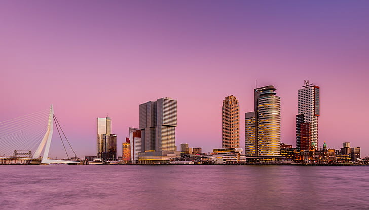 Netherlands, Rotterdam, city, brown concrete building, bridge, pink, river, sky, Rotterdam, city, Netherlands, skyscrapers, HD wallpaper