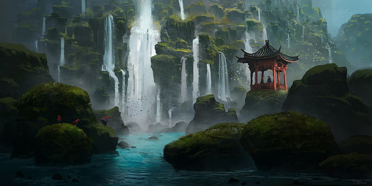 arte fantasia, cachoeira, santuário, arquitetura asiática, HD papel de parede