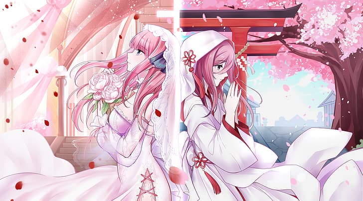 5-toubun no Hanayome, gaun pengantin, Sakura blossom, Nakano Nino, Nakano Miku, Wallpaper HD