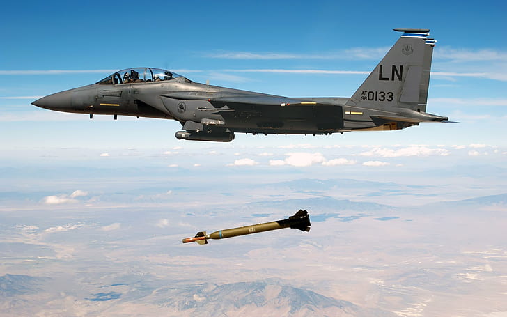 Jet Fighter изпуска ракета, изтребител, капки, ракета, HD тапет