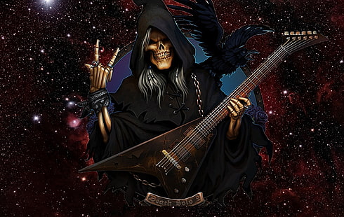 : D, scheletro, morte, nero, strumento, fantasia, chitarra, buio, divertente, ossa, teschio, Sfondo HD HD wallpaper