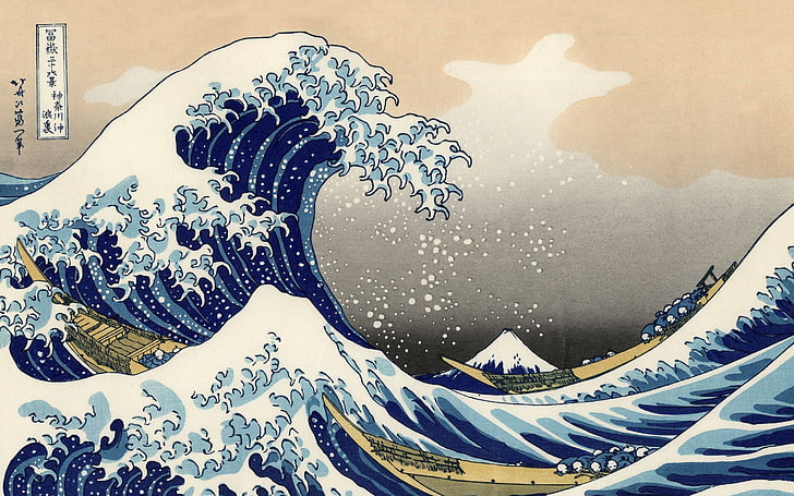 Ilustración del océano azul y blanco, ilustraciones tradicionales, bloque de madera, Hokusai, la gran ola de Kanagawa, mar, Japón, ilustraciones, Fondo de pantalla HD