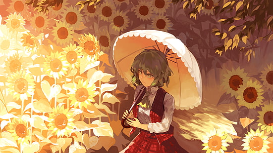 kazami yuuka, sunflowers, touhou, umbrella, Anime, HD wallpaper HD wallpaper