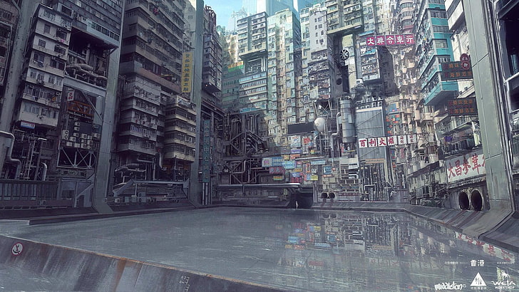graue konkrete Stadtgebäudetapete, Geist in der Muschel, Wasser, Stadt, Wohnungen, HD-Hintergrundbild
