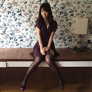 women's black short-sleeved dress, Asian, dress, stockings, HD wallpaper HD wallpaper