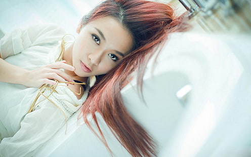 женщины, азиатка, лицо, модель, рыжая, HD обои HD wallpaper