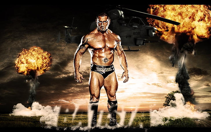 Dave Batista With Bomb Blast, Batista di WWE, WWE,, campione del mondo, batista, lottatore, Sfondo HD