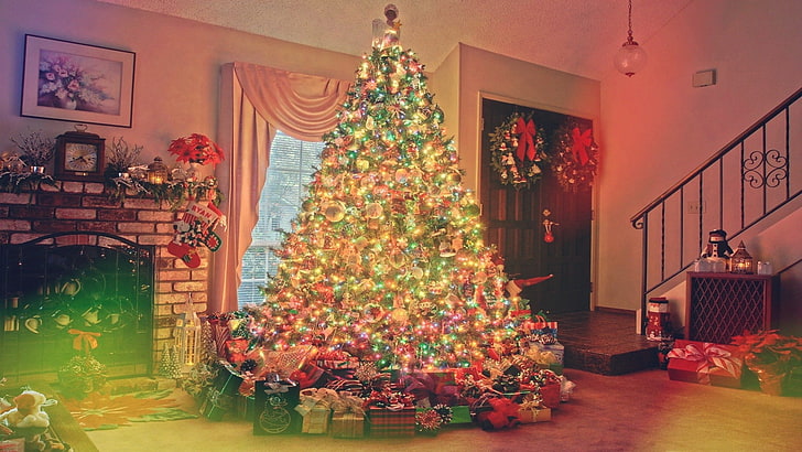 شجرة عيد الميلاد متعددة الألوان ، والأضواء ، والأشجار ، والداخلية ، والعطلات، خلفية HD