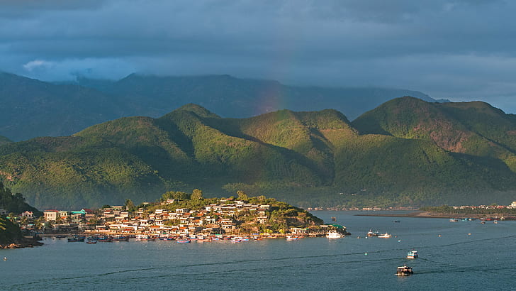 aerial photo of green mountain near island, Nha Trang, Vietnam, aerial photo, green mountain, near island, d300s, photoshop, asia, travel, nikkor, Nikon AF, VR, 6G, IF, ED, sea  water, water  island, Landscape, Boat, cloud, sun rise, sky, outdoor, rainbow  blue, mountain, sea, nature, water, HD wallpaper
