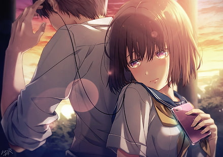 anime couple, cute, school uniform, music, short hair, school romance, Anime, HD wallpaper HD wallpaper