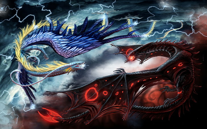 dragon, feathers, lightning, clouds, HD wallpaper