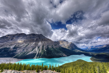gray rocky mountain near lake and green forest, peyto lake, icefields parkway, canada, peyto lake, icefields parkway, canada, Peyto Lake, Icefields Parkway, Canadian Rockies, Canada, rocky mountain, turquoise  blue, blue  water, glacial lake, lake  mountains, dramatic, sky, solitude, humans, nature, landscape, serenity, mountain, scenics, outdoors, banff National Park, cloud - Sky, mountain Peak, beauty In Nature, alberta, forest, snow, HD wallpaper HD wallpaper