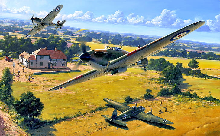 Trees, House, Hurricane, RAF, pilots, He.111, Heinkel 111, Hawker Hurricane Mk.I, HD wallpaper