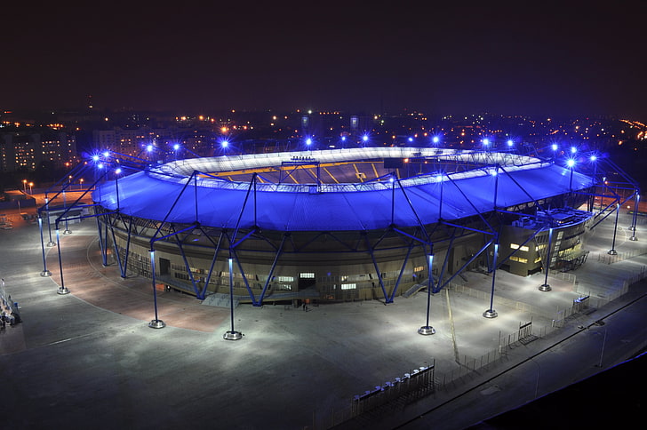 estádio azul e cinza na fotografia noturna, futebol, Ucrânia, arena, estádio, estádio euro 2012, Estádio Metalist Kharkiv, Metalist, Kharkov, Euro 2012, metalista, HD papel de parede