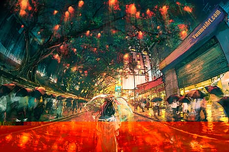  anime girls, anime, art installation, alone, sad, rain, walking, umbrella, people, HD wallpaper HD wallpaper