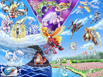 Pokemon Illustrazione del personaggio dei Pokemon leggendari, Pokémon, Mew, Ho-Oh, Sfondo HD HD wallpaper
