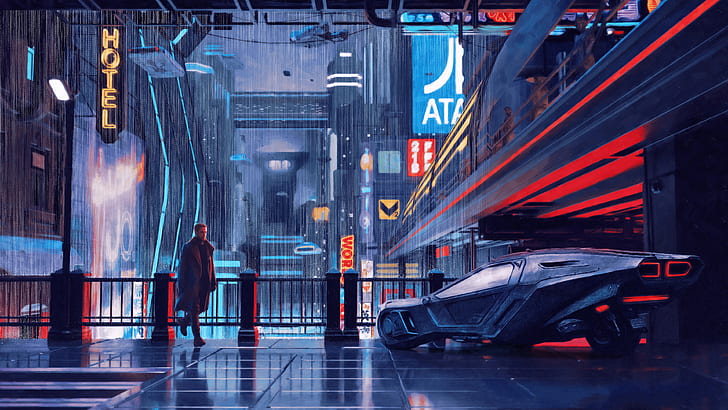 Blade Runner, Blade Runner 2049, science fiction, retro science fiction, cyberpunk, Dark Cyberpunk, blue, purple, red, car, Ryan Gosling, HD wallpaper
