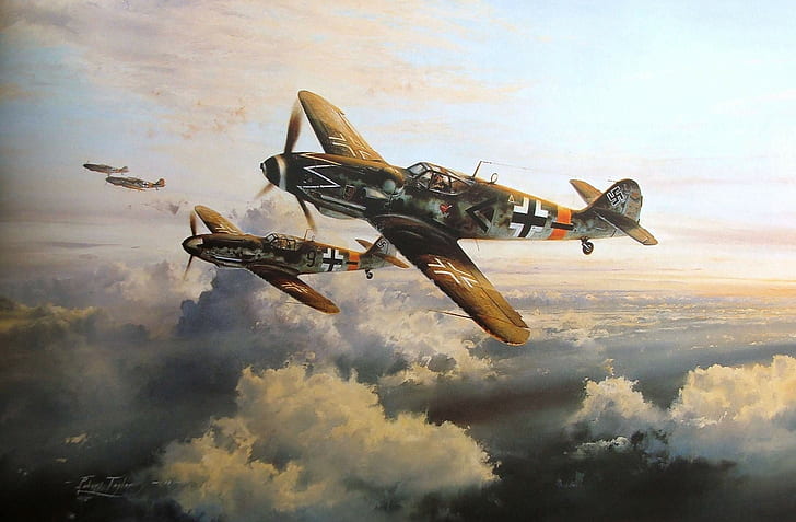 Messerschmitt, swastyka, ilustracja, Niemcy, samoloty wojskowe, II wojna światowa, Luftwaffe, Messerschmitt Bf-109, chmury, Tapety HD