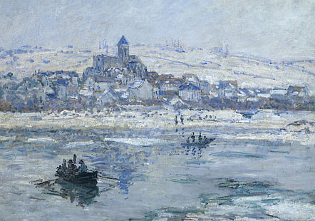 paysage, rivière, bateau, photo, Claude Monet, Vétheuil en hiver, Fond d'écran HD HD wallpaper
